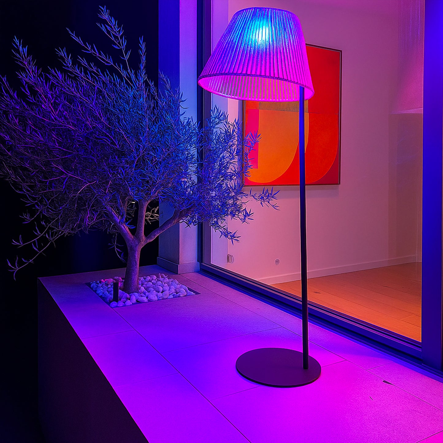 Lampadaire sans fil pied metal LED blanc et multicolore dimmable OCTAVIO en corde naturelle H170cm avec télécommande