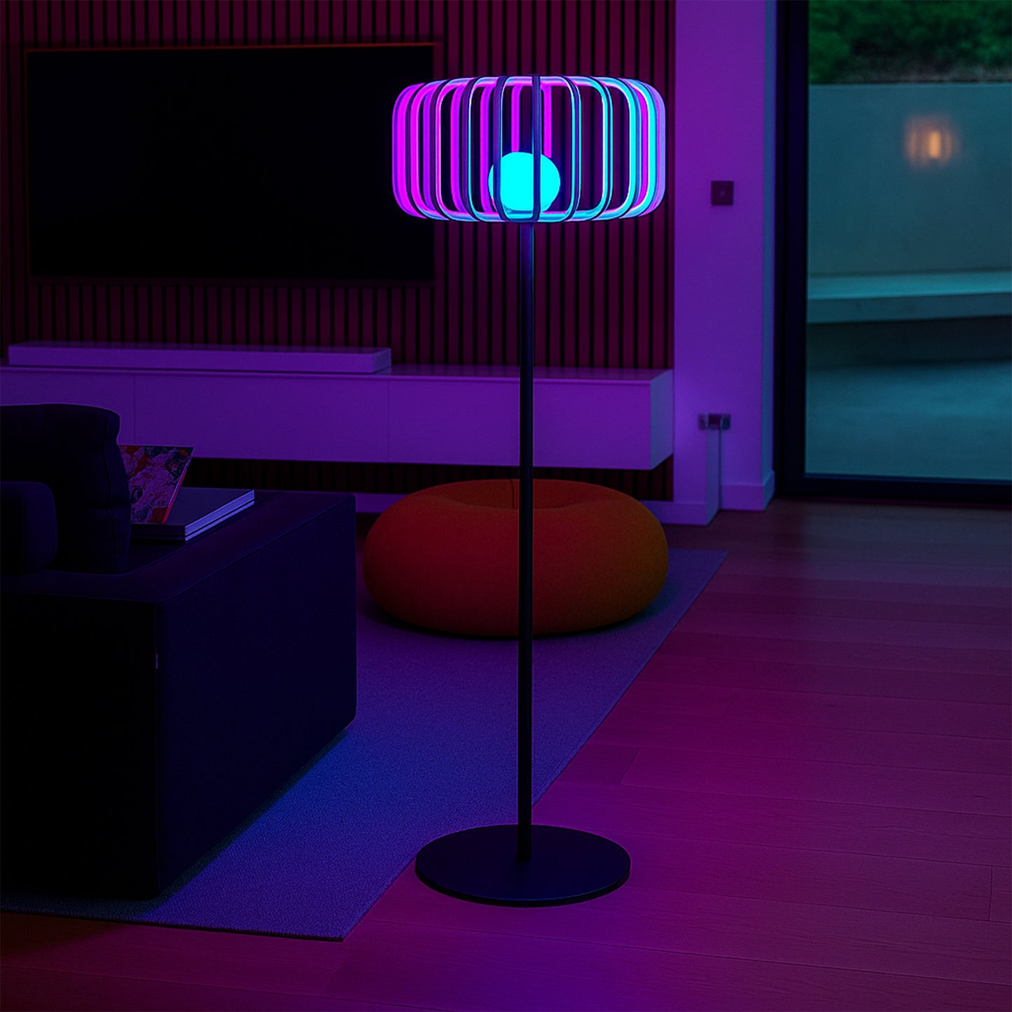 Lampadaire sans fil pied metal LED blanc et multicolore dimmable STANDY BAMBOU en bambou naturel H150cm avec télécommande