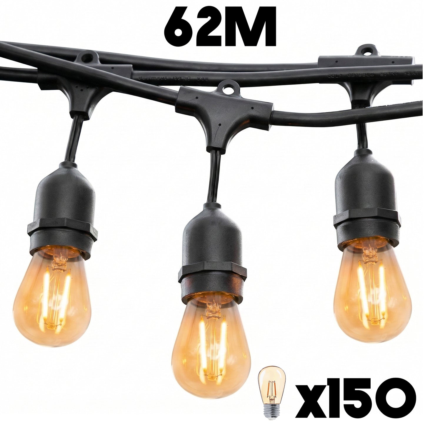 Guirlande lumineuse extérieure raccordable 62m avec 150 ampoules LED filament E27 blanc chaud MAFY LIGHT
