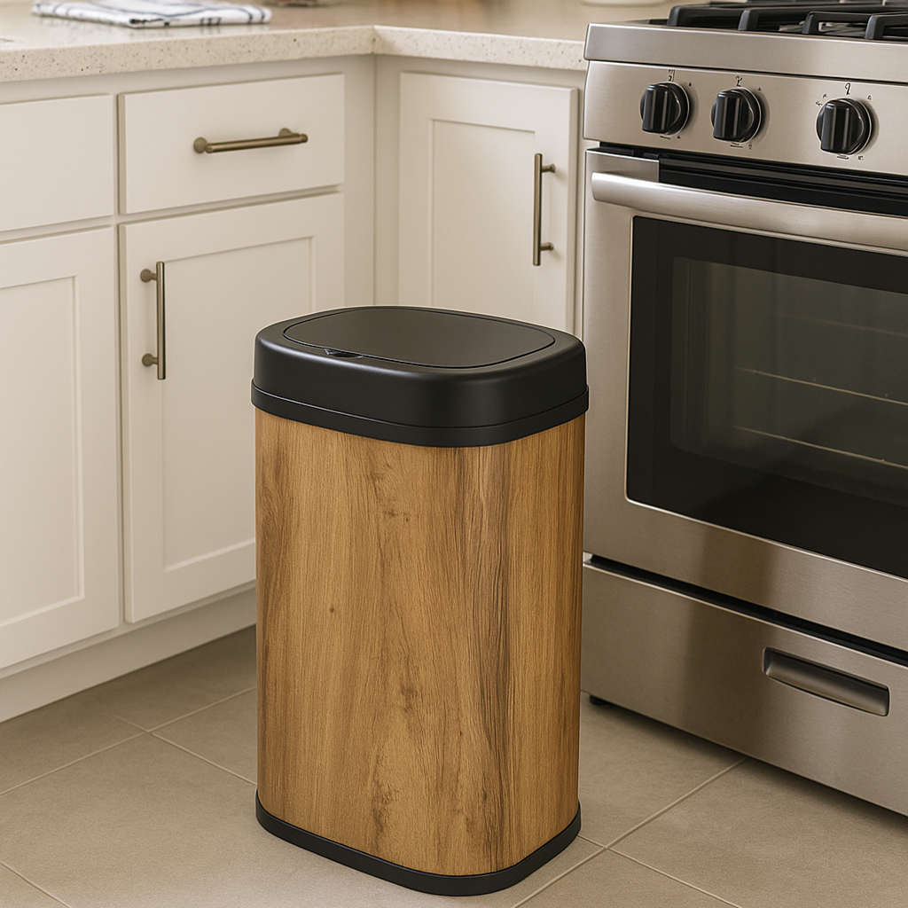 Poubelle de cuisine automatique 58L MAJESTIC WOOD design BOIS grande capacité en INOX avec cerclage