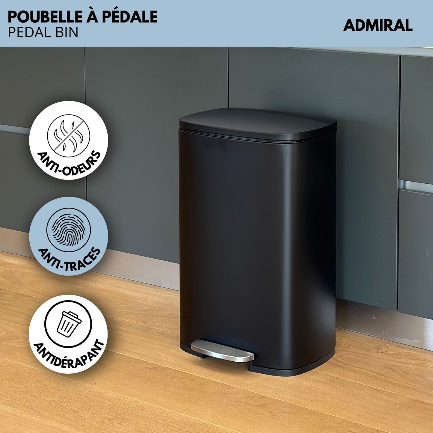 Kitchen pedal bin 50L Design ADMIRAL Matt black in stainless steel with bucket and soft closing