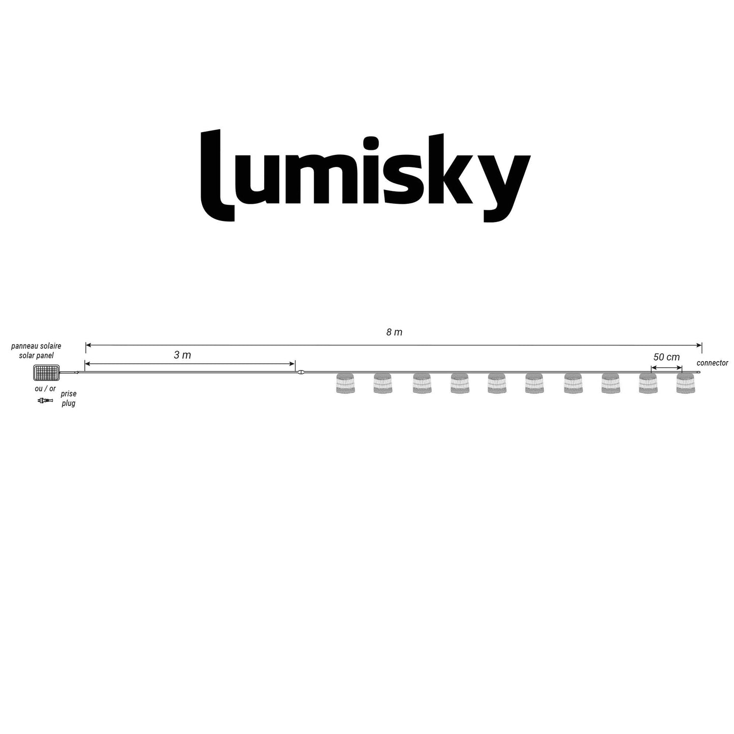 Guirlande lumineuse solaire et sur secteur raccordable en corde 20 ampoules transparentes LED blanc chaud dimmable SAMOA LIGHT HYBRID 13m