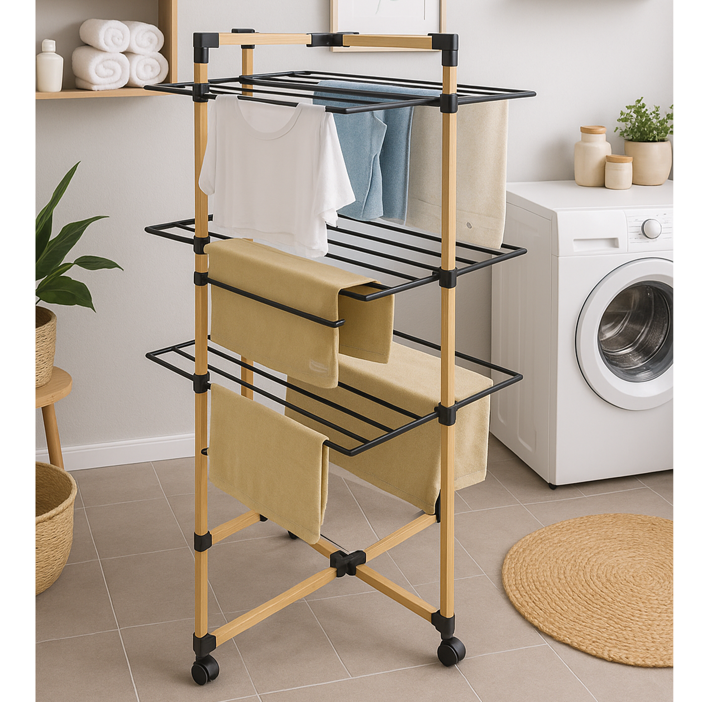 Séchoir à linge multifonction tour pliable 30M WILLIS 3 niveaux Couleur Noir et bois