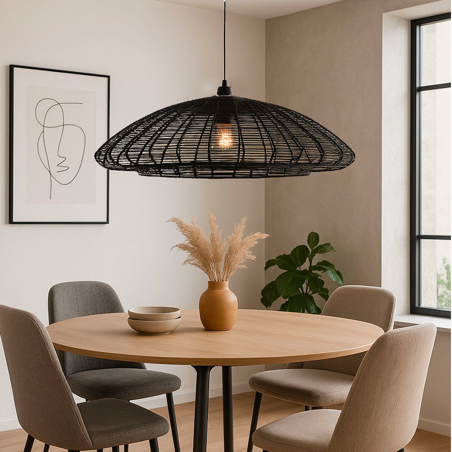 ALBA BLACK Pendelleuchte aus natürlichem Papierkabel mit E27-Fassung 80 cm Durchmesser