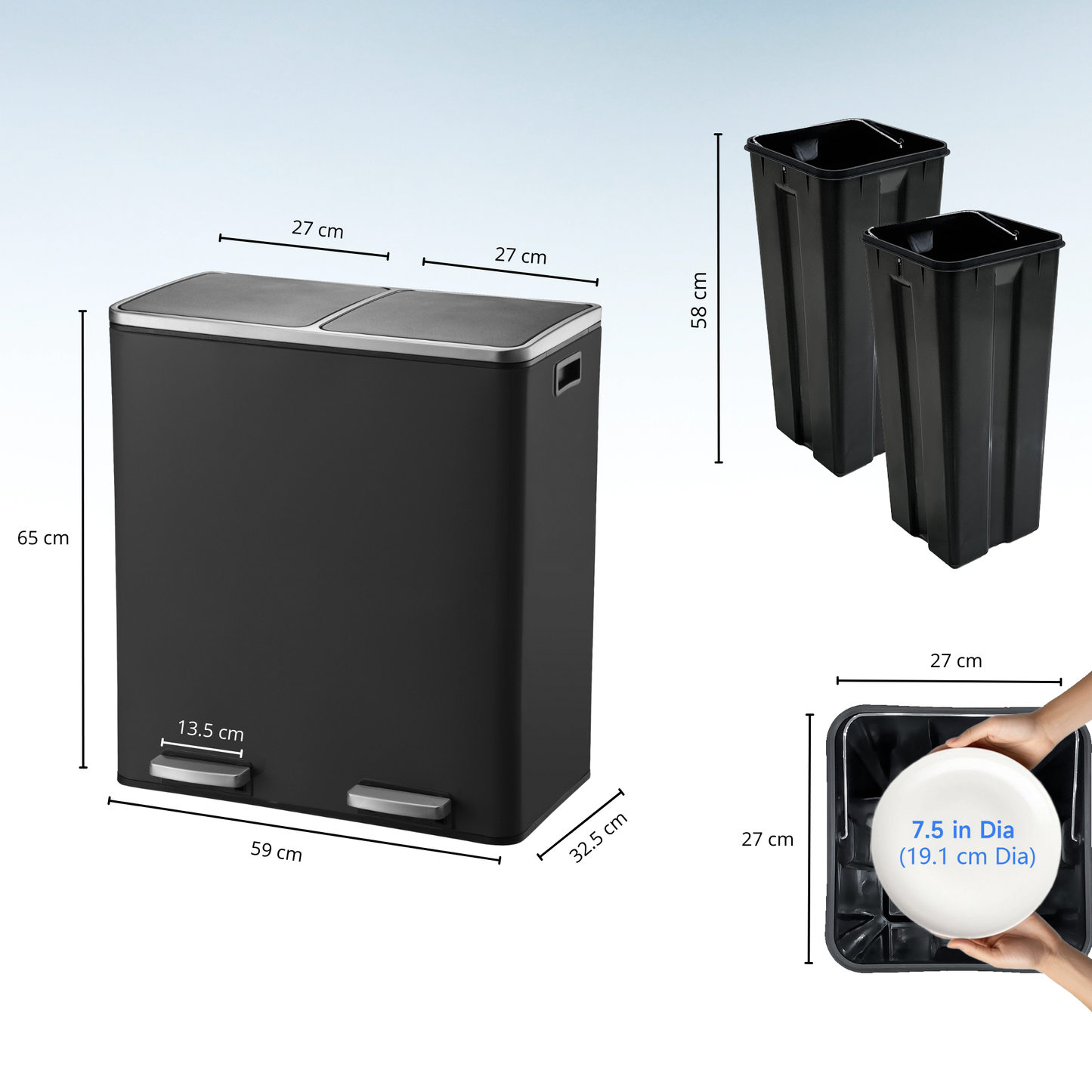 Poubelle de cuisine à pédale tri sélectif grande capacité 60L (2x30L) MAJOR en acier Inox Noir mat