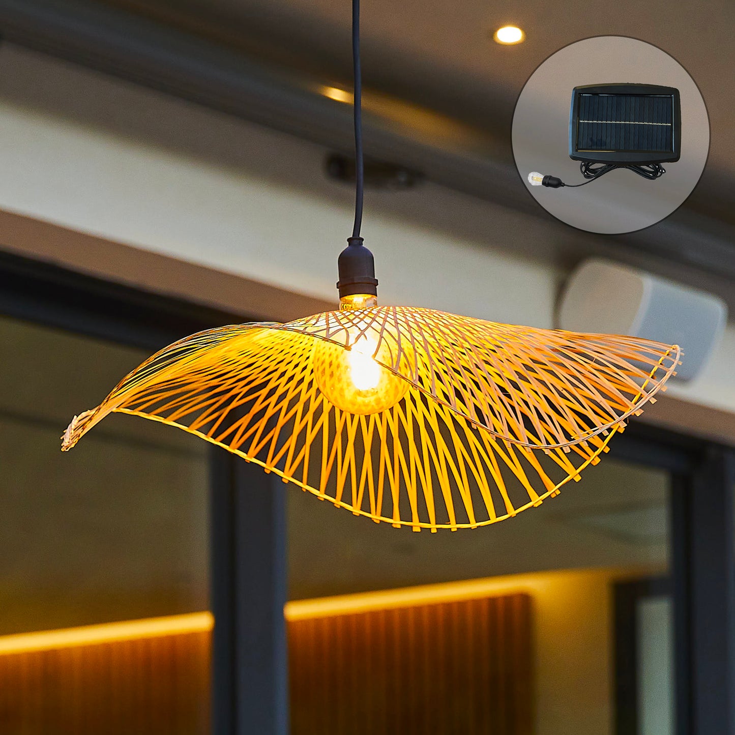 Suspension solaire LAIA SOLAR en bambou naturel avec câble hybride secteur et solaire 5m de longueur