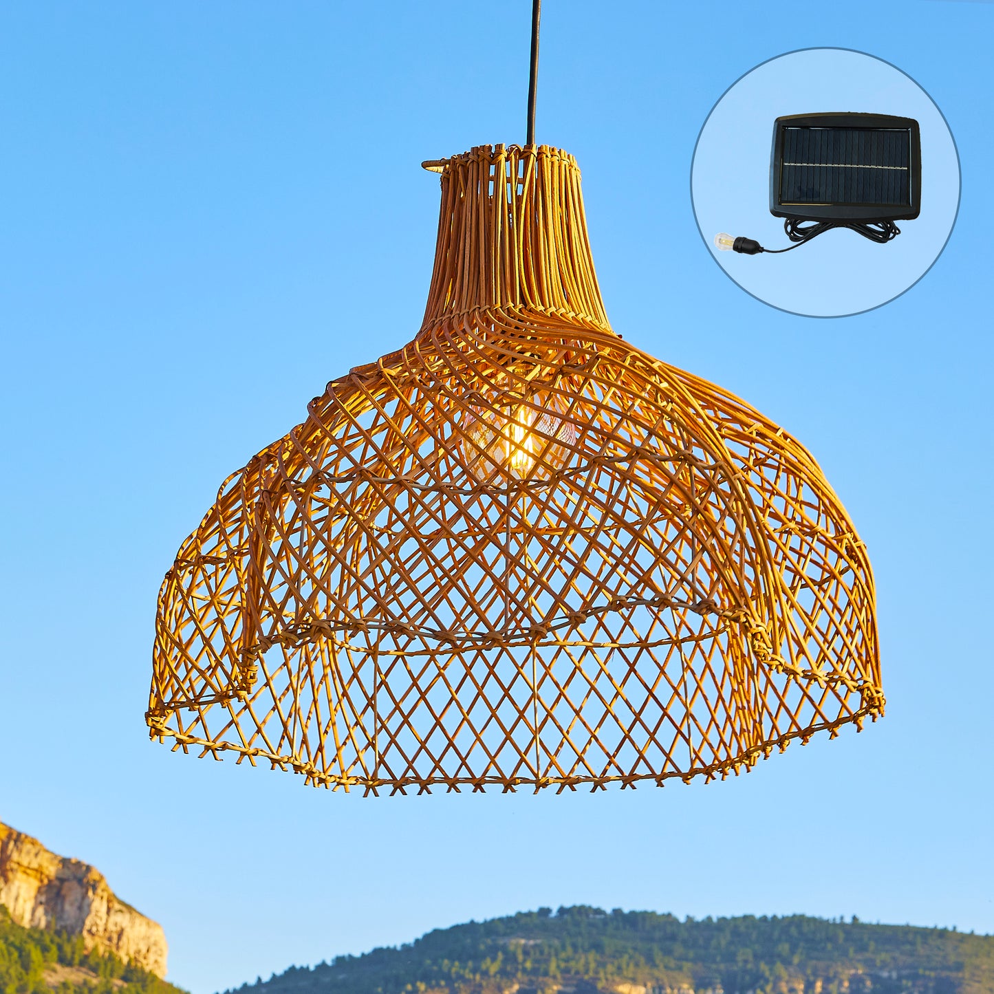 Natural bohemian solar hanging lamp in braided basketry style warm white LED MAYA H39cm