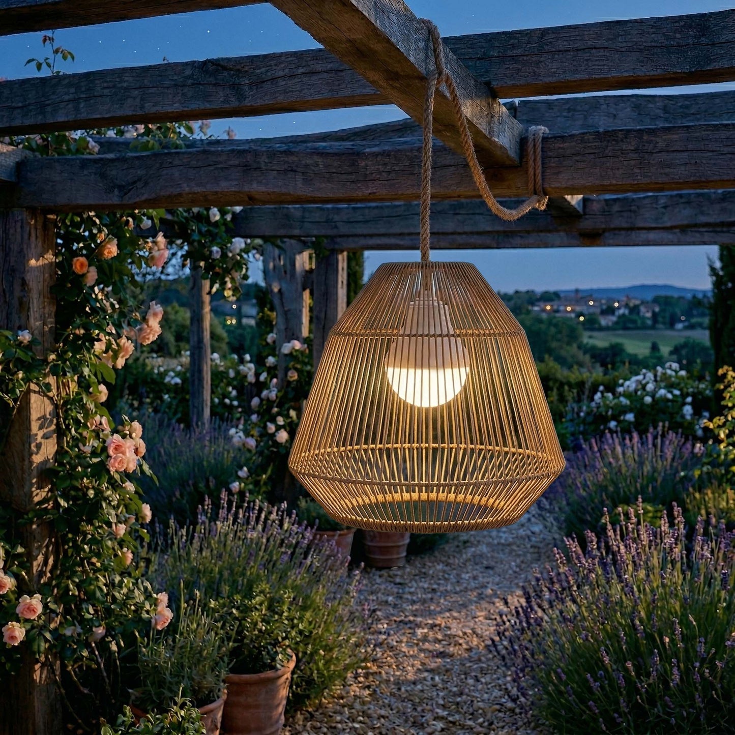 Suspension MAYA NOMAD en poly rotin style bohème avec ampoule LED blanc/RGB nomade