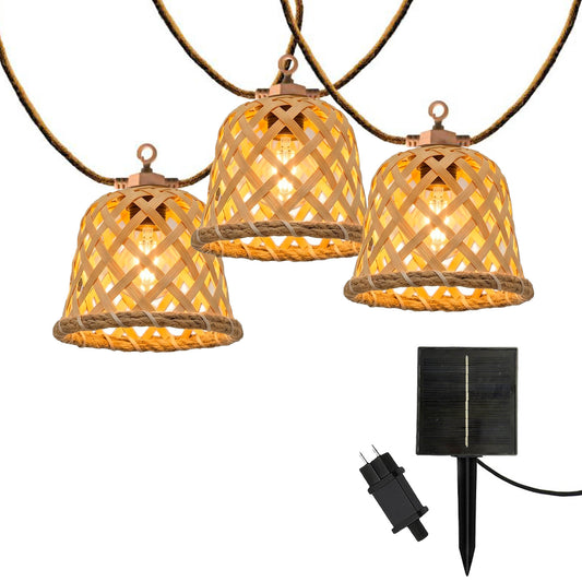 Guirlande lumineuse extérieur raccordable 10 abat-jour naturels en rotin MALY LIGHT HYBRID LED blanc chaud 8m solaire et sur secteur