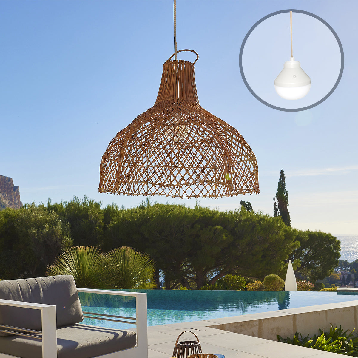 Suspension ARIA NOMAD en rotin style bohème avec ampoule LED nomade