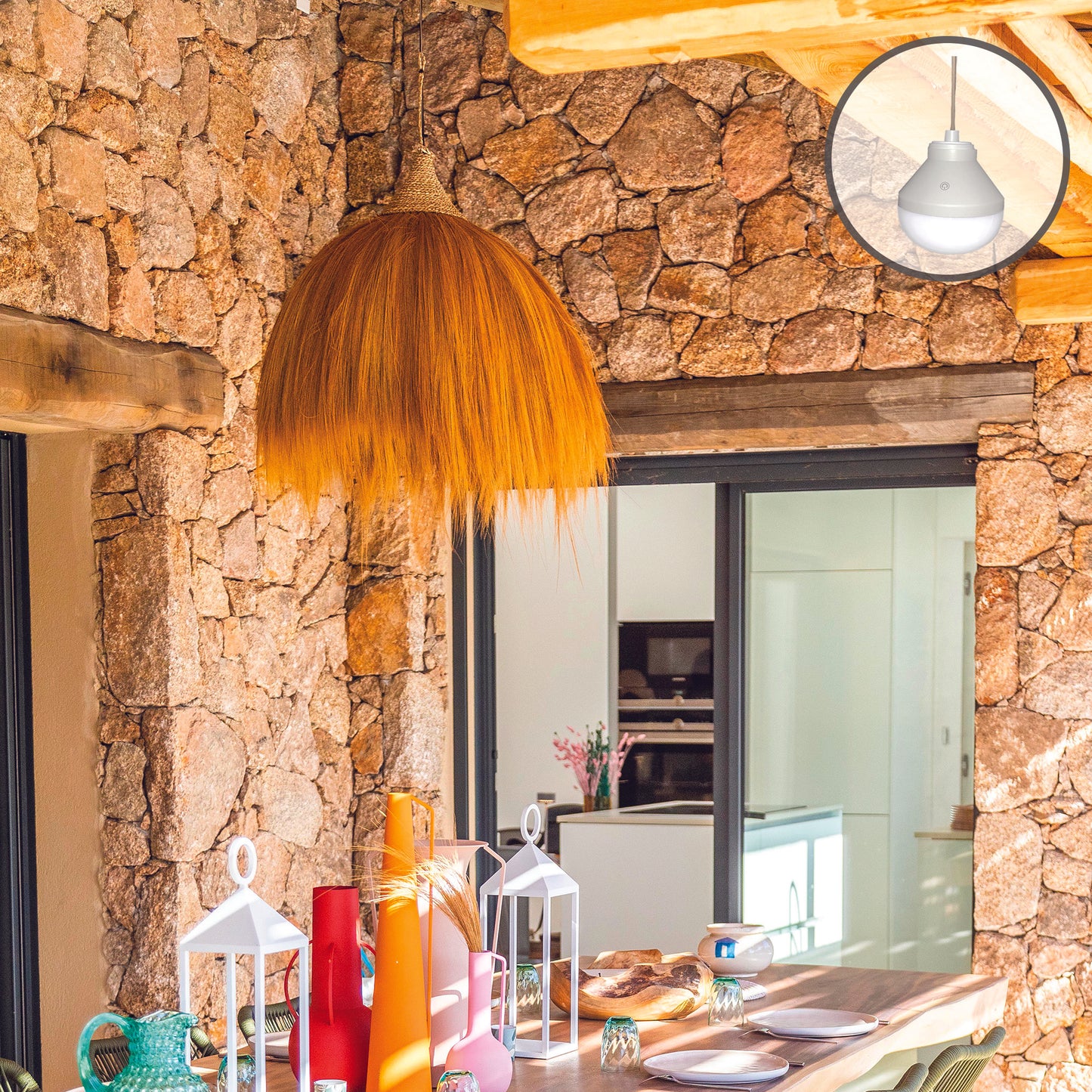 Suspension MASAI NOMAD en herbe de rayung style bohème avec ampoule LED blanc/RGB nomade