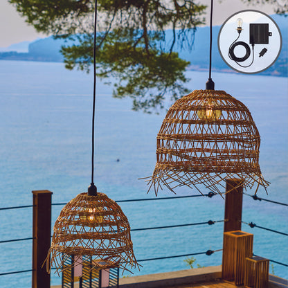 Lot de 2 suspensions solaires 2X HAWAII LONG SOLAR en poly rotin avec câble hybride secteur et solaire 5m de longueur