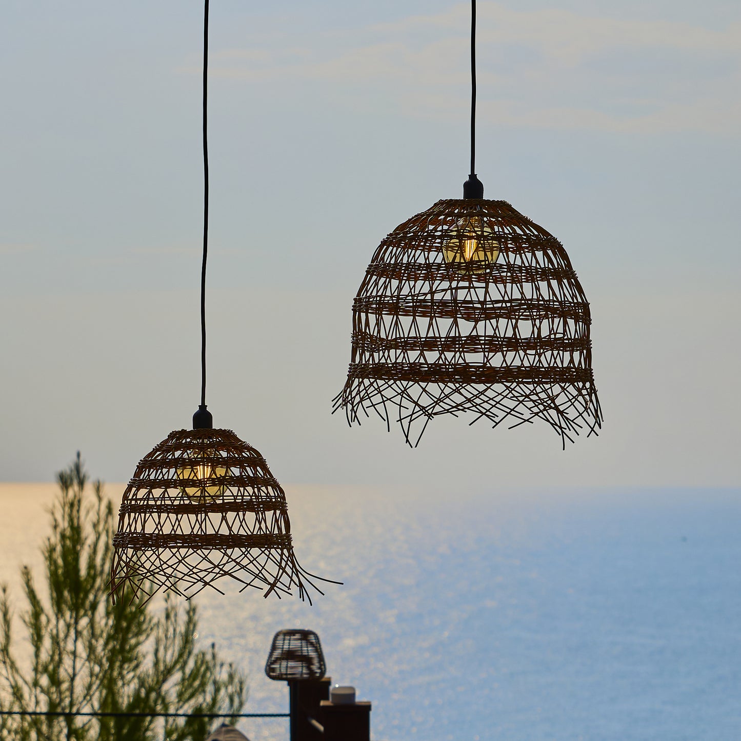 Lot de 2 suspensions sur secteur pour l'extérieur 2X HAWAII LONG OUTDOOR CABLE en poly rotin style bohème 5m de longueur de câble