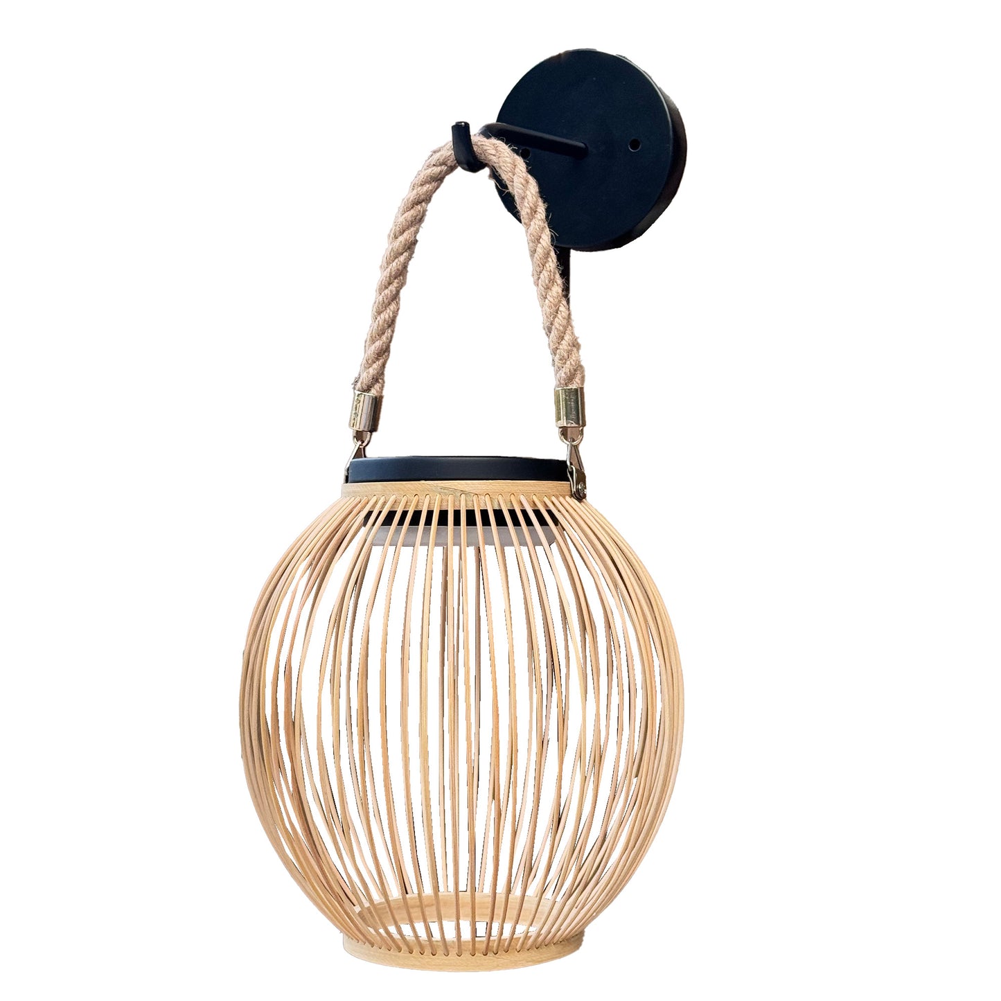 Applique murale sans fil solaire LED SUNNY SMALL ROUND en bambou style bohème ISALINE H40cm