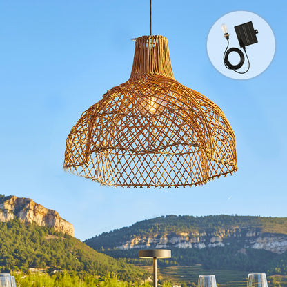 Natural bohemian solar hanging lamp in braided basketry style warm white LED MAYA H39cm