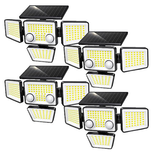 Lot de 4 Spots Solaires à 4 Têtes Noires FAIRVIEW - Éclairage LED Puissant Blanc, Orientables avec Détecteur de Mouvement, Idéaux pour Sécuriser Jardin, Terrasse et Extérieur