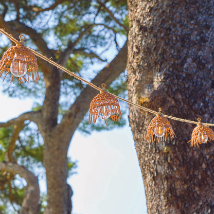 Guirlande lumineuse extérieur 10 abat-jour exotique paille MINI HAWAI LIGHT HYBRID LED blanc chaud 8m solaire et sur secteur