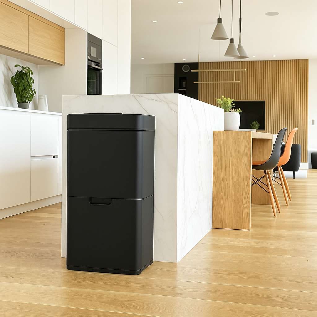 Poubelle De Cuisine Automatique Tri Sélectif Double Compartiment 75l NARVIK Noir brillant Recyclage Grande Capacité Et Poubelle De Table 3l