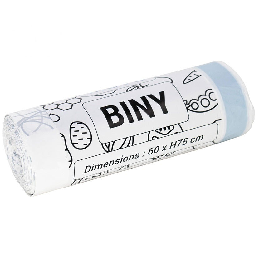 Set of 20 white bin bags 50L 60 x H75 CM BINY Ultra resistant 23 microns with drawstring