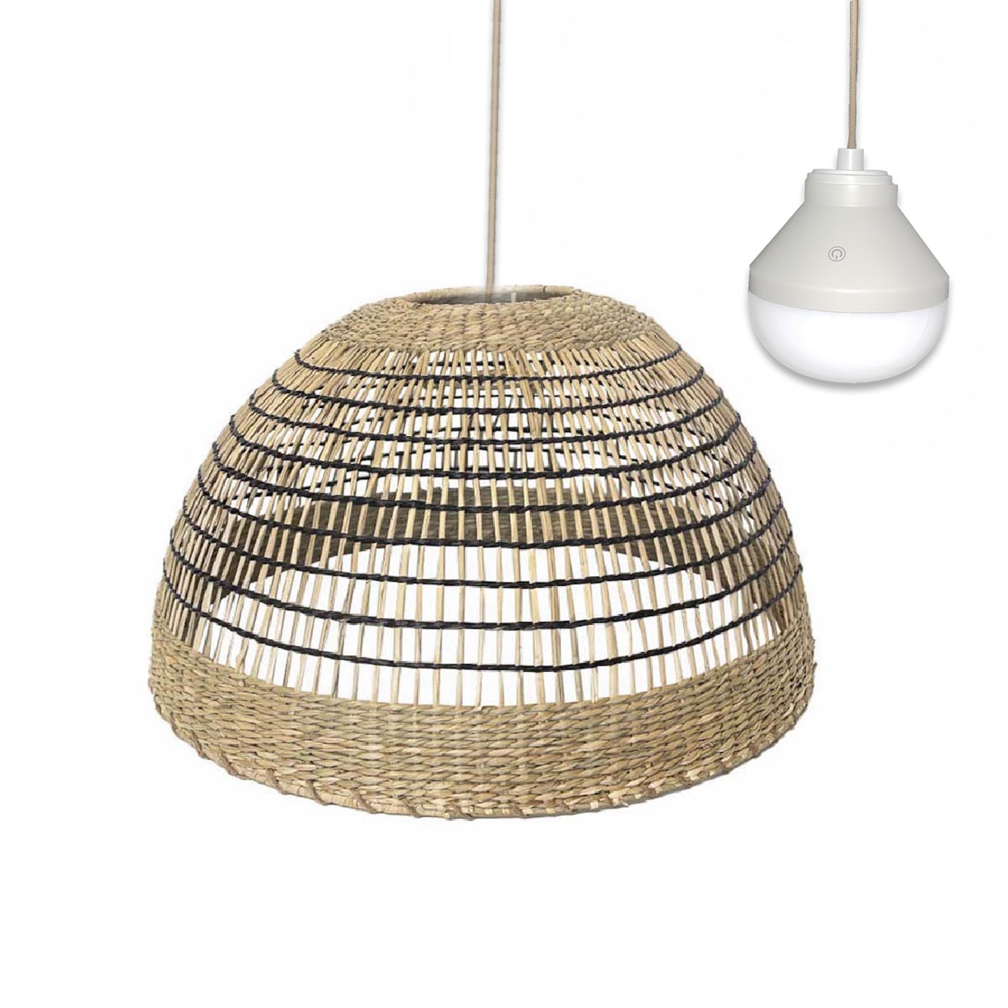 Suspension CESARE NOMAD en herbe marine naturelle style bohème avec ampoule LED nomade