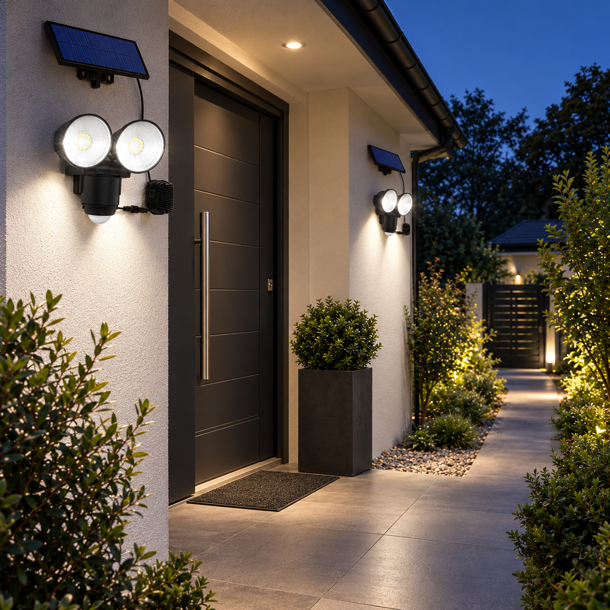 Lot de 2 projecteurs solaires deux têtes orientables LED blanc 1000 lumens panneau solaire déporté avec détecteur de mouvement 2x WALEE BLACK