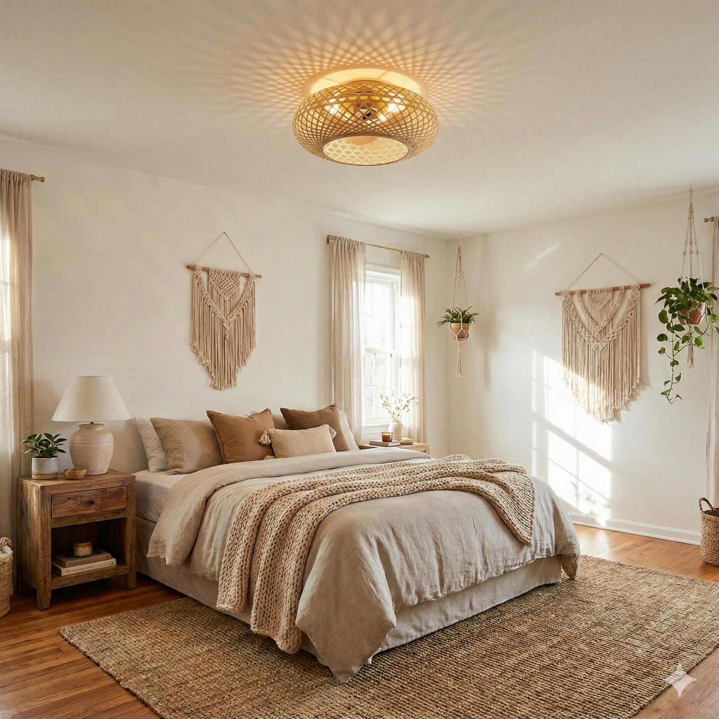 Ventilateur de Plafond SOLVIA 48cm Design Rotin Tressé Bohème avec 3 Douilles E27 Petit Ventilateur Ultrasilencieux 30dB pour Chambre et Salon Moteur DC 15W Basse Consommation Réversible Été Hiver avec Télécommande Plafonnier Naturel Wicker Weaving