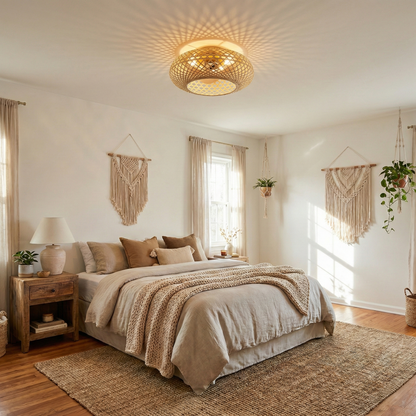 Ventilateur de Plafond SOLVIA 48cm Design Rotin Tressé Bohème avec 3 Douilles E27 Petit Ventilateur Ultrasilencieux 30dB pour Chambre et Salon Moteur DC 15W Basse Consommation Réversible Été Hiver avec Télécommande Plafonnier Naturel Wicker Weaving