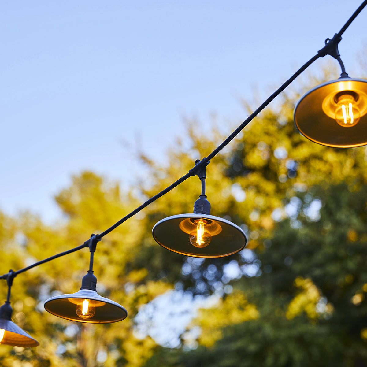 Outdoor light garland with industrial style steel shade 10 filament bulbs E27 socket warm white LED BOWL GALVA LIGHT 6m