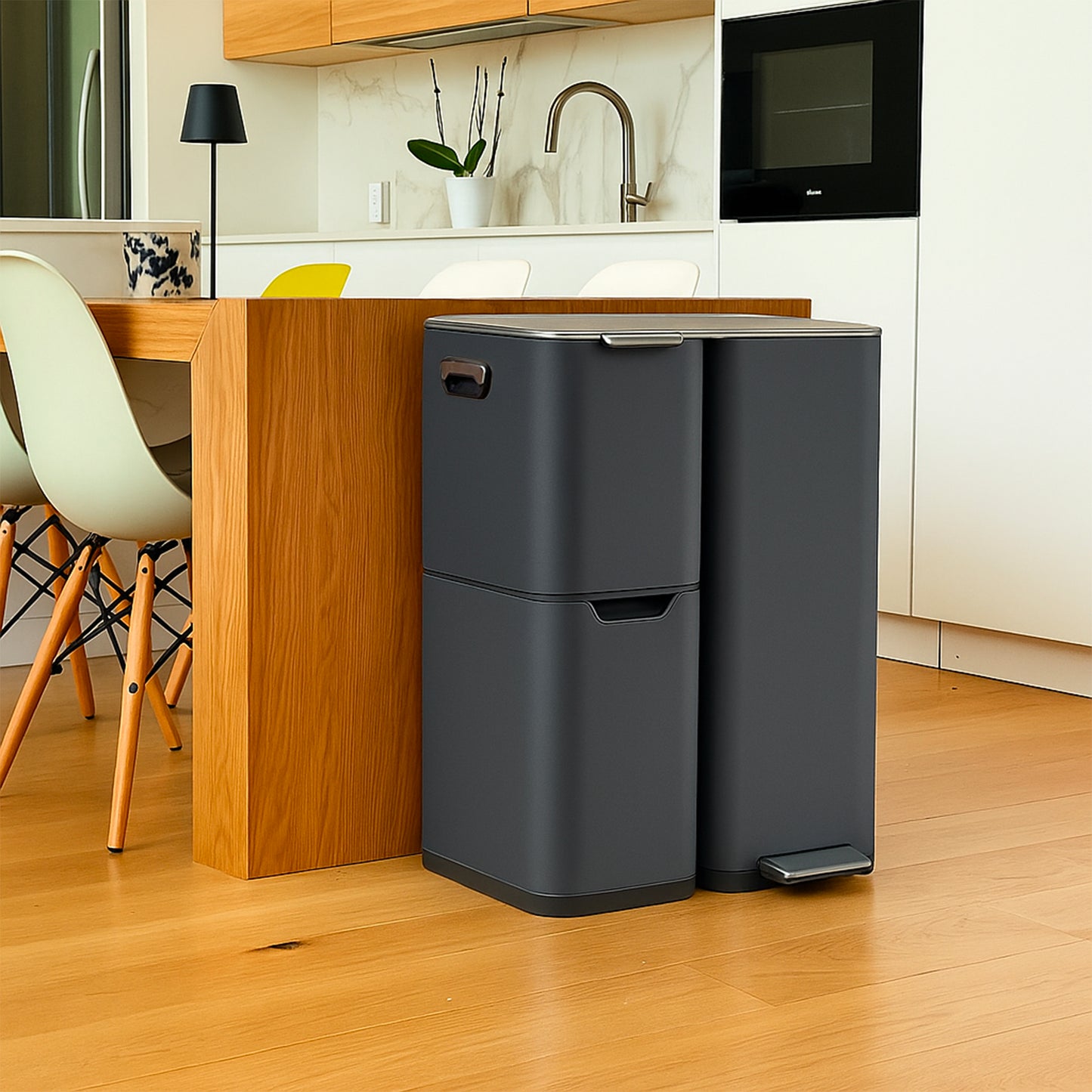 Poubelle de cuisine à pédale tri sélectif recyclage 60L(13+17+30L) HAJA en acier Inox Gris avec seau