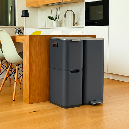 Poubelle de cuisine à pédale tri sélectif recyclage 60L(13+17+30L) HAJA en acier Inox Gris avec seau