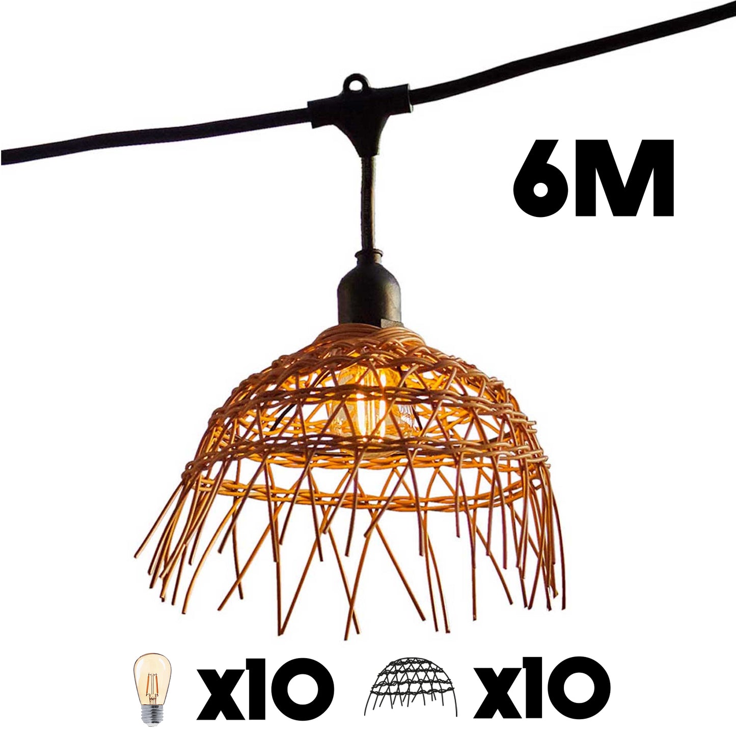 Außen anschließbare Lichterkette mit Polyrattan-Lampenschirm im Bohemian-Stil 10 Glühlampen E27-Fassung warmweiß LED HAWAII-LICHT ANSCHLIESSBAR 6m