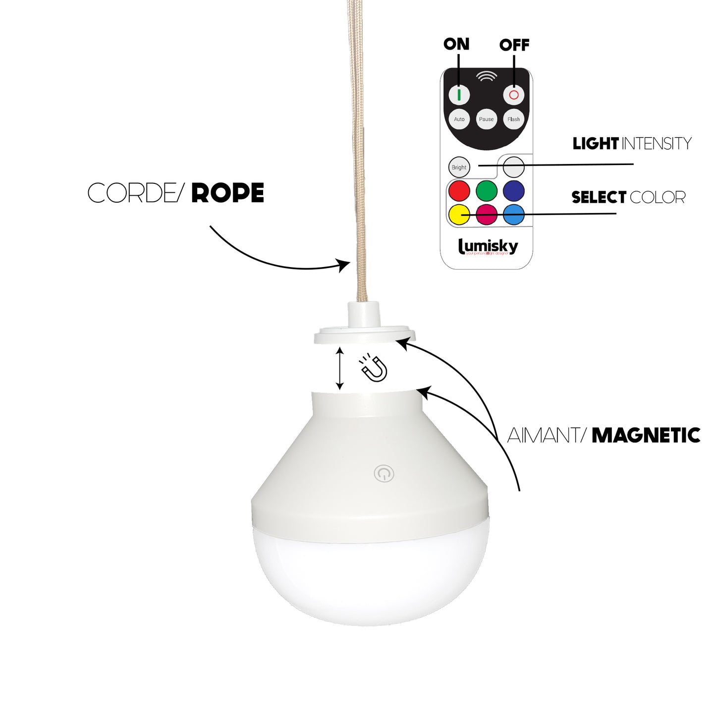 Ampoule LED rechargeable LYS 900 Lumen blanc et multicolore avec télécommande H11cm