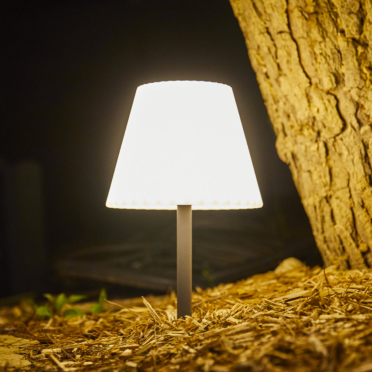 Lampe de table solaire 2 en 1 à planter ou à poser pied metal abat-jour ondulé LED blanc dimmable BOUFFANT H62cm