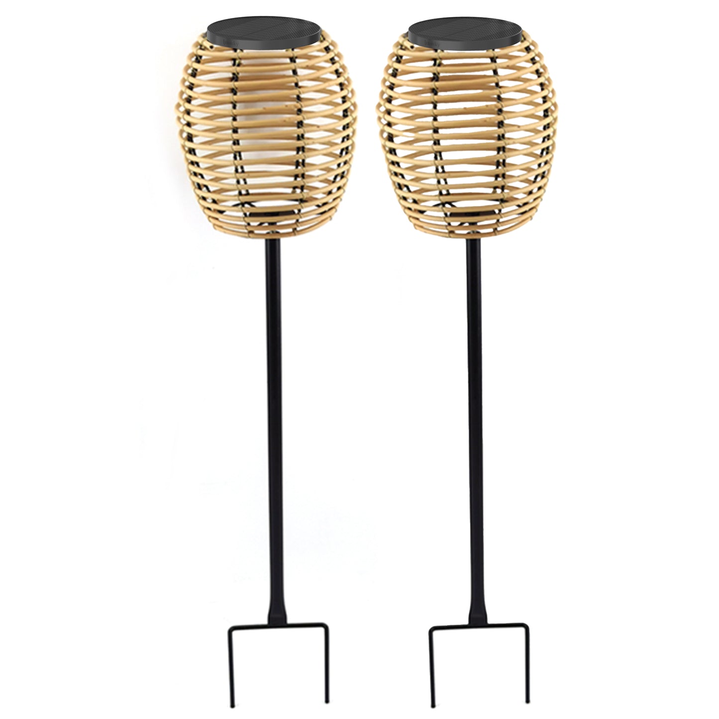 Lot de 2 balises solaires 2x BAVINA en poly rotin avec module LED solaire et télécommande H71.5cm