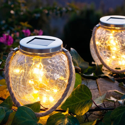 Set aus 2 solarbetriebenen Bällen aus Craquelé-Glas zum Aufstellen mit Micro-LED-Seilgriff, warmweißem CRACK BALL CORD H13cm