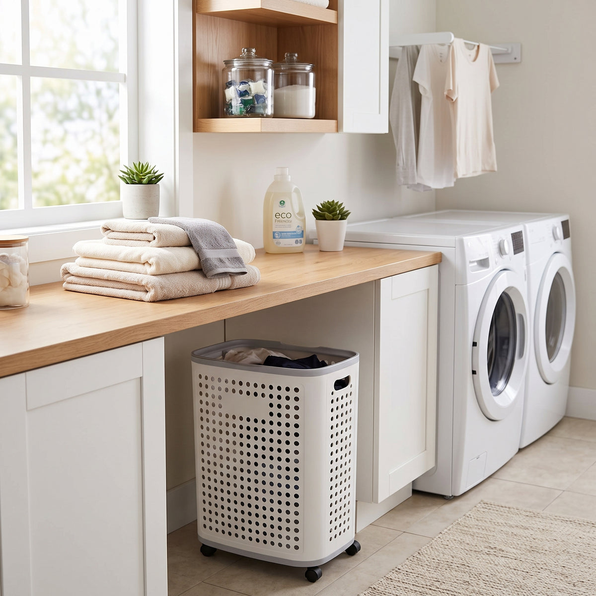 Panier à Linge Sale Pliable 60L LARS avec Couvercle et Roulettes Bac à Linge Plastique Rigide Aéré Anti-Humidité, Corbeille de Rangement Mobile avec Poignées pour Salle de Bain, Buanderie, Chambre et Dressing