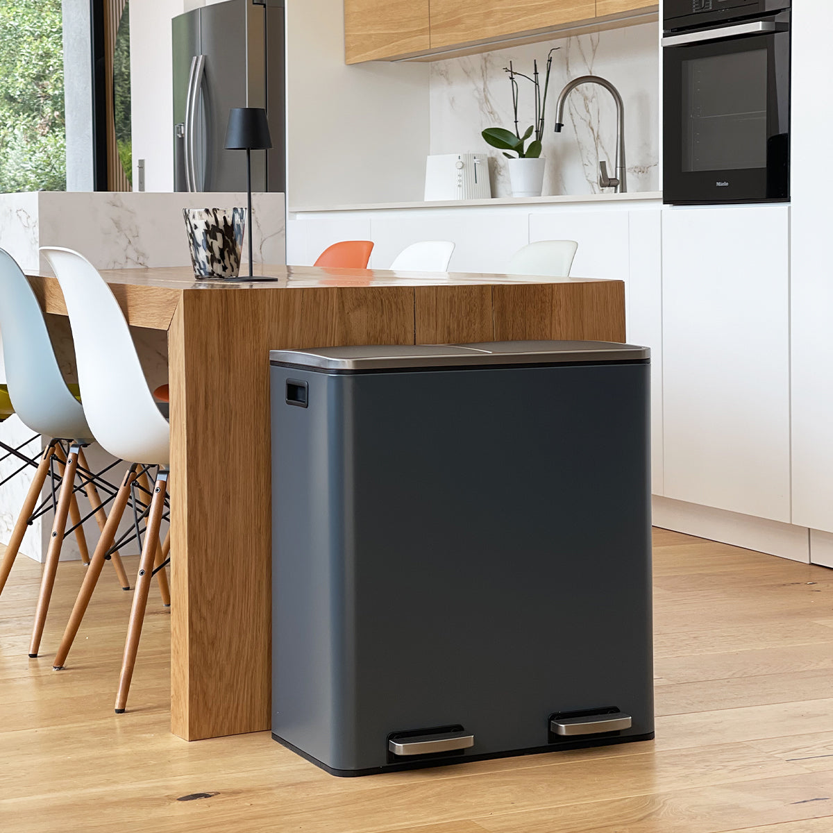 MAJOR 60L (2x30L) large capacity tri-selective pedal kitchen bin in matt black stainless steel