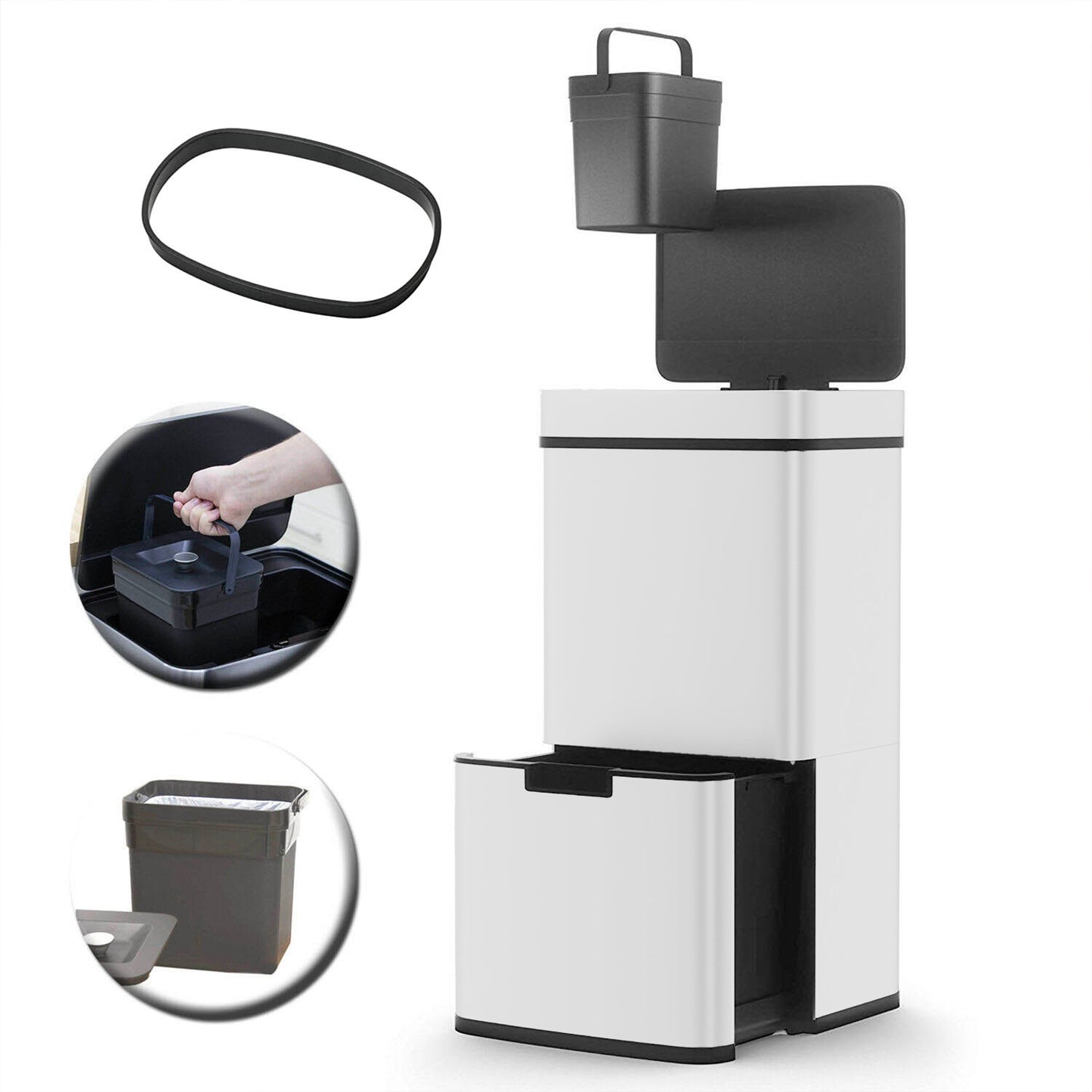 Poubelle De Cuisine Automatique Tri Sélectif Double Compartiment 75l NARVIK BLANCHE White mat Recyclage Grande Capacité Et Poubelle De Table 3l