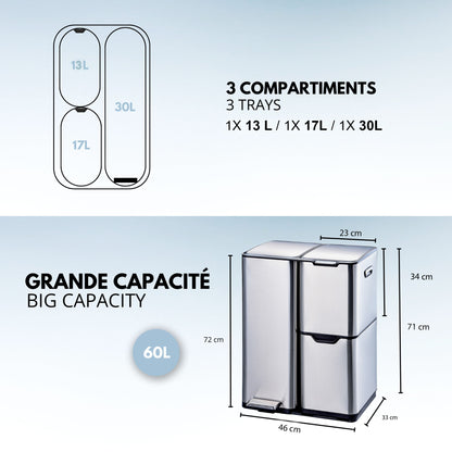 Poubelle de cuisine à pédale tri sélectif recyclage 60L(13+17+30L) HAJA en acier Inox avec seau