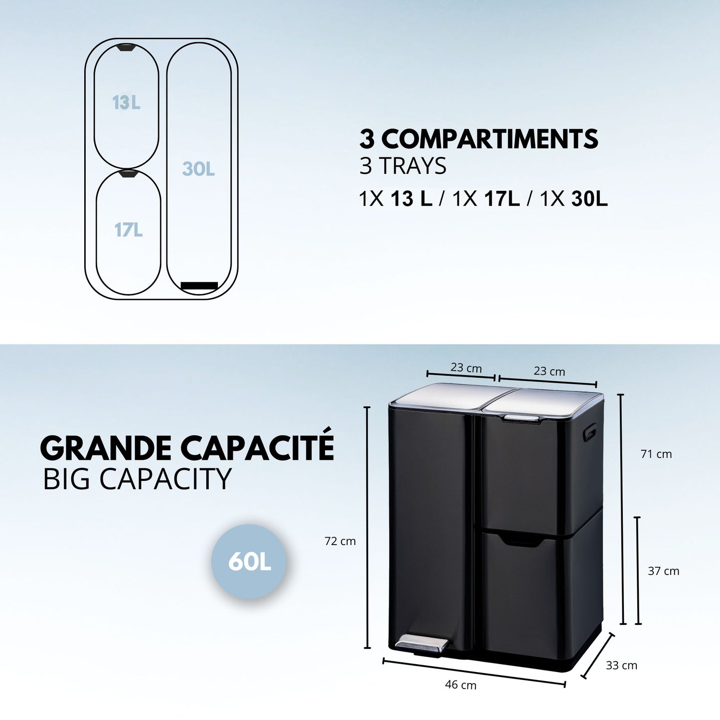Poubelle de cuisine à pédale tri sélectif recyclage 60L(13+17+30L) HAJA en acier Inox Noir avec seau