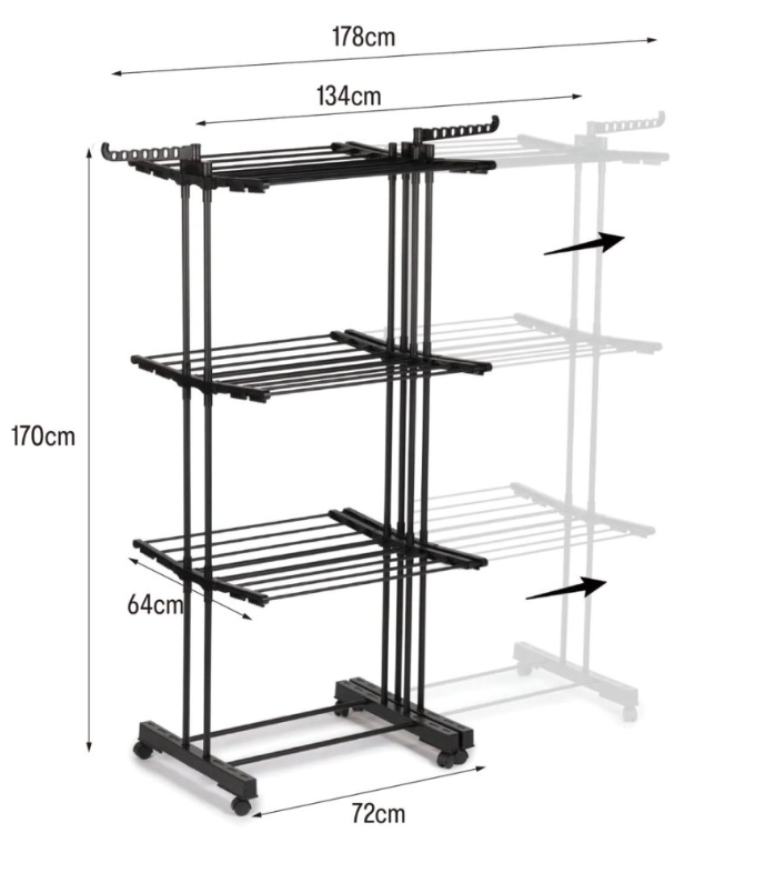 Séchoir à linge extensible étendoir multifonction 38M EXTRA PLUS BLACK avec 3 niveaux Noir