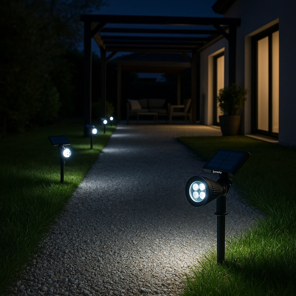 Lot de 4 spots solaires projecteurs 2en1 à piquer ou à fixer éclairage puissant dimmable LED blanc SPIKY H42cm