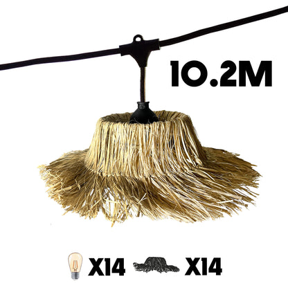 Guirlande lumineuse extérieure raccordable 10.2m avec 14 ampoules LED filament E27 blanc chaud TAHITI LIGHT Abat-jour en paille bohème