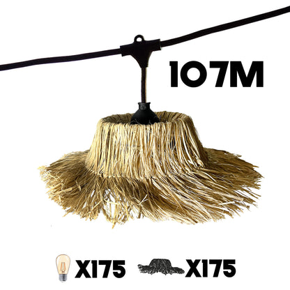 Guirlande lumineuse extérieure raccordable 107m avec 175 ampoules LED filament E27 blanc chaud TAHITI LIGHT Abat-jour en paille bohème