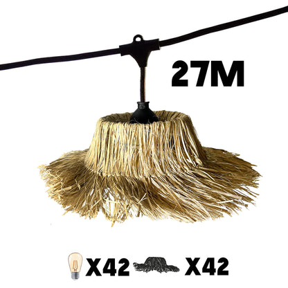 Guirlande lumineuse extérieure raccordable 27m avec 42 ampoules LED filament E27 blanc chaud TAHITI LIGHT Abat-jour en paille bohème