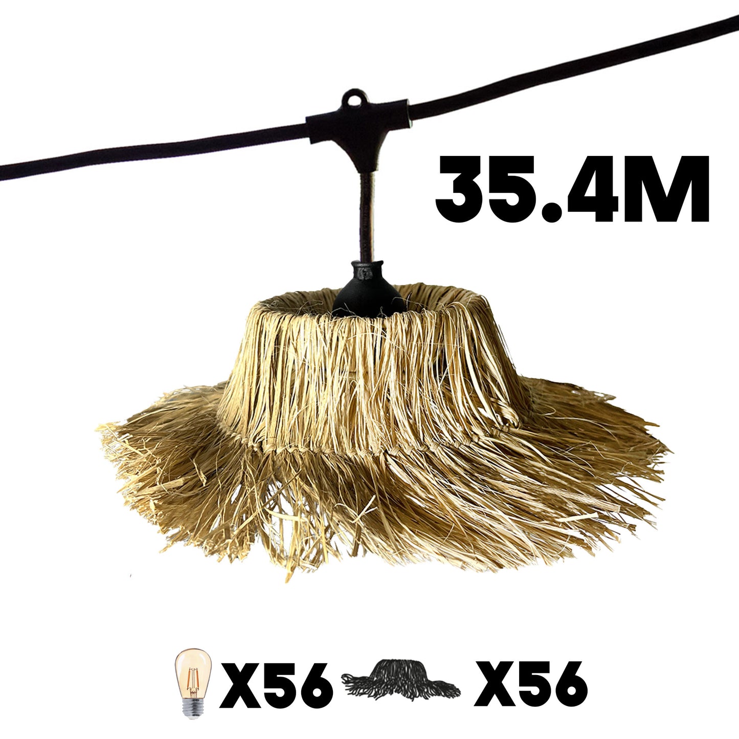 Guirlande lumineuse extérieure raccordable 35.4m avec 56 ampoules LED filament E27 blanc chaud TAHITI LIGHT Abat-jour en paille bohème