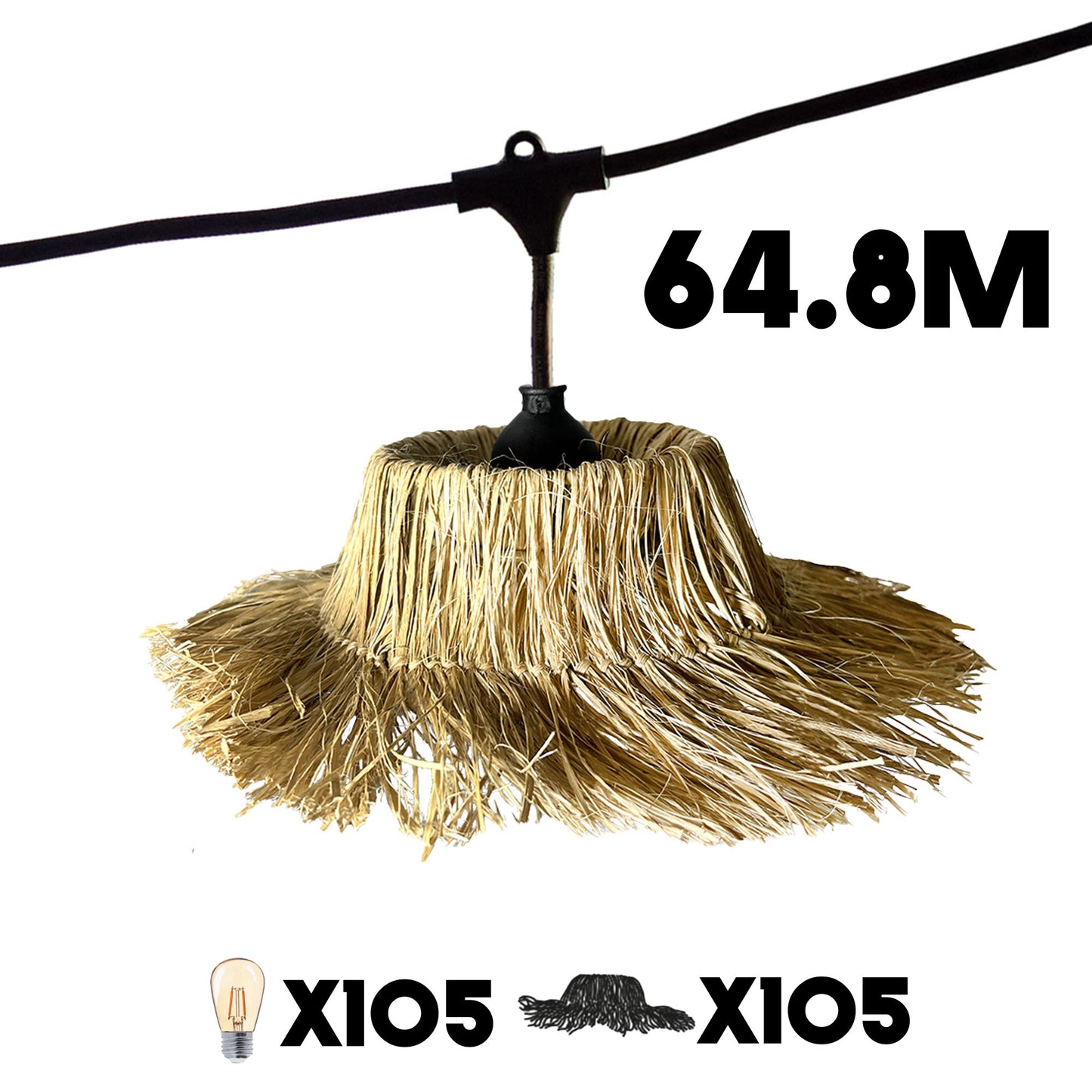 Guirlande lumineuse extérieure raccordable 64.8m avec 105 ampoules LED filament E27 blanc chaud TAHITI LIGHT Abat-jour en paille bohème