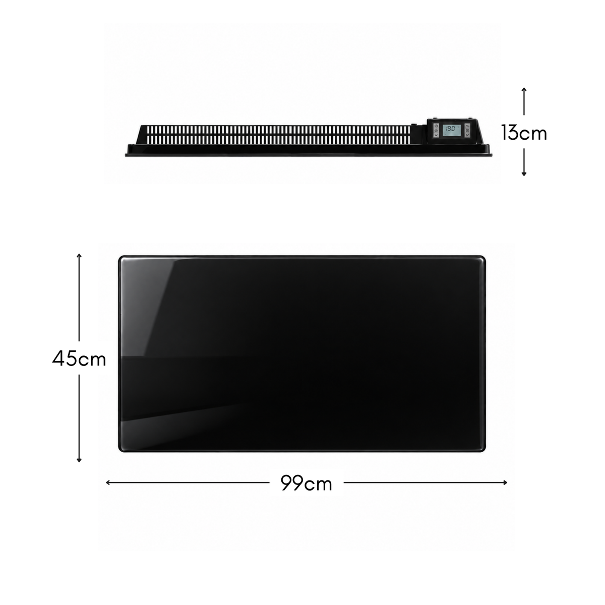 Schwarzer elektrischer Heizkörper mit trockener Trägheit KERAMIK-Block + GLAS-Fassaden-LCD-Bildschirm 2000W GLASS Standard NF
