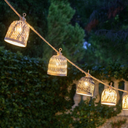 Guirlande lumineuse extérieur raccordable 10 abat-jour naturels en bambou LINA LIGHT HYBRID LED blanc chaud 8m solaire et sur secteur