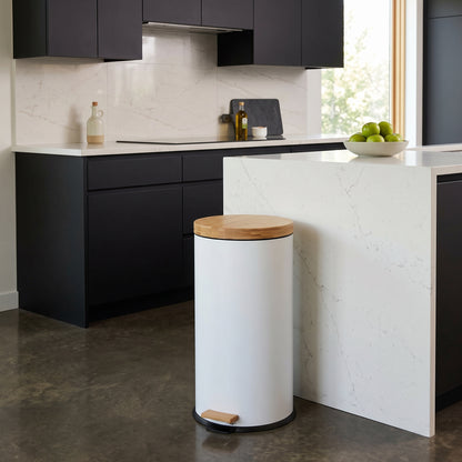 Poubelle bois de cuisine à pédale 30L Naturel FOREST Blanc en acier Inox couvercle en bambou avec seau